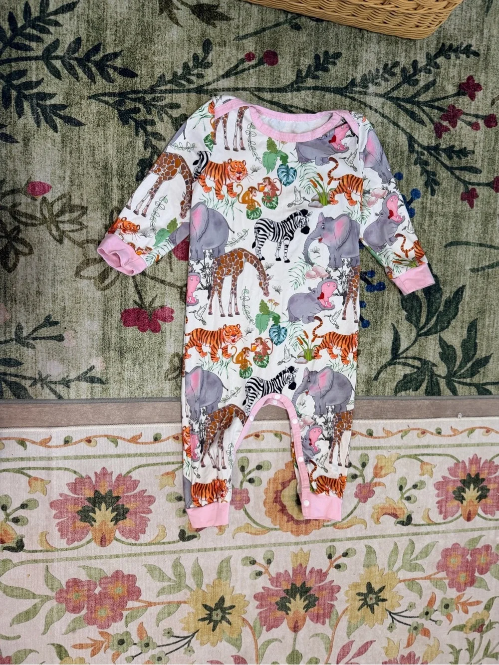 Pink-Trim Safari Animal Print Footie Pajamas for Kids
